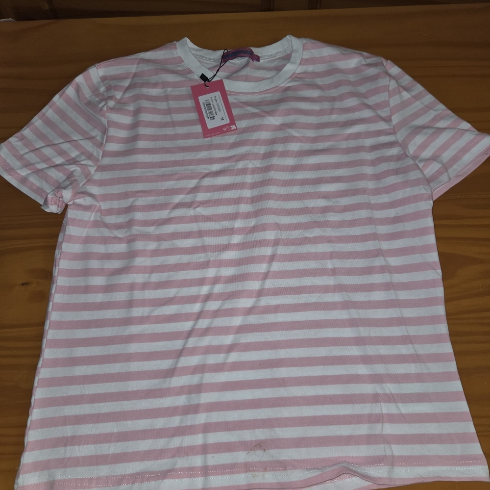 Edikted Pink and White Striped Short Sleeve Tee